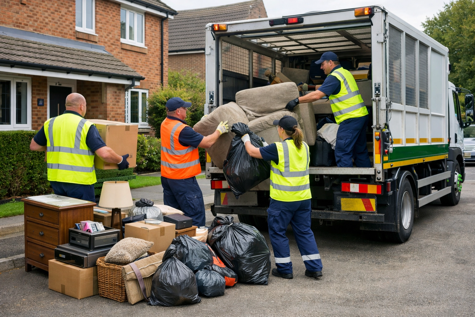 Professional waste collection team loading household items from driveway pile into vehicle