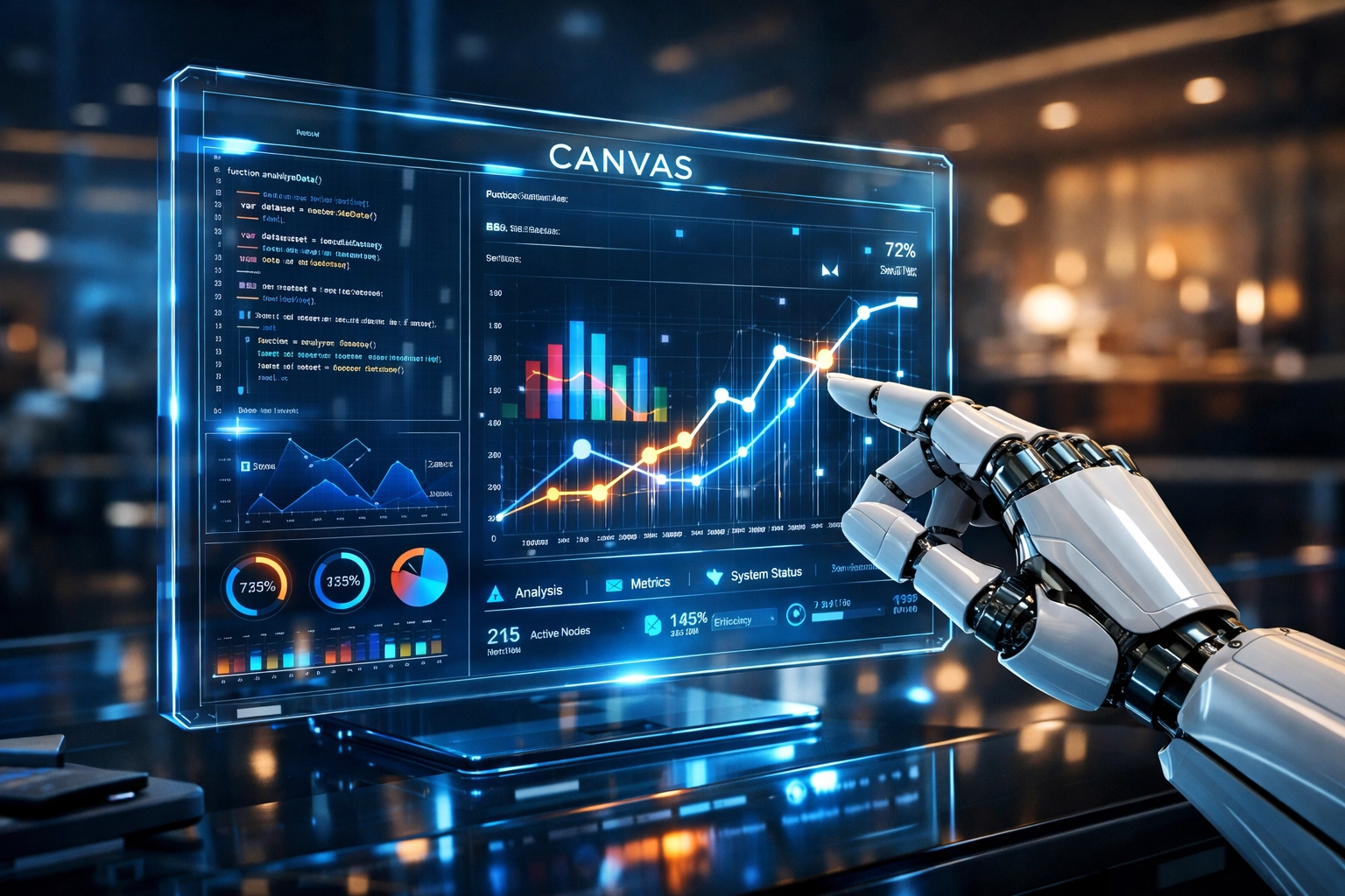 Futuristic workspace with a digital interface for AI-driven coding and data analysis.