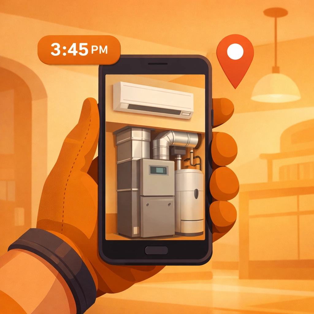 Contractor photographing completed HVAC installation with automatic timestamp and location tagging