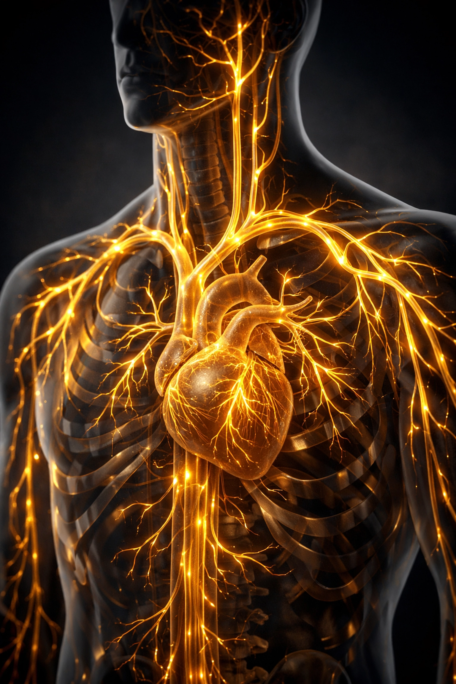 Cardiovascular system illustration showing arterial blood flow and vascular health