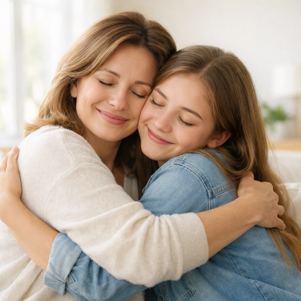 Mother and daughter hugging during family therapy at a teen residential treatment center.