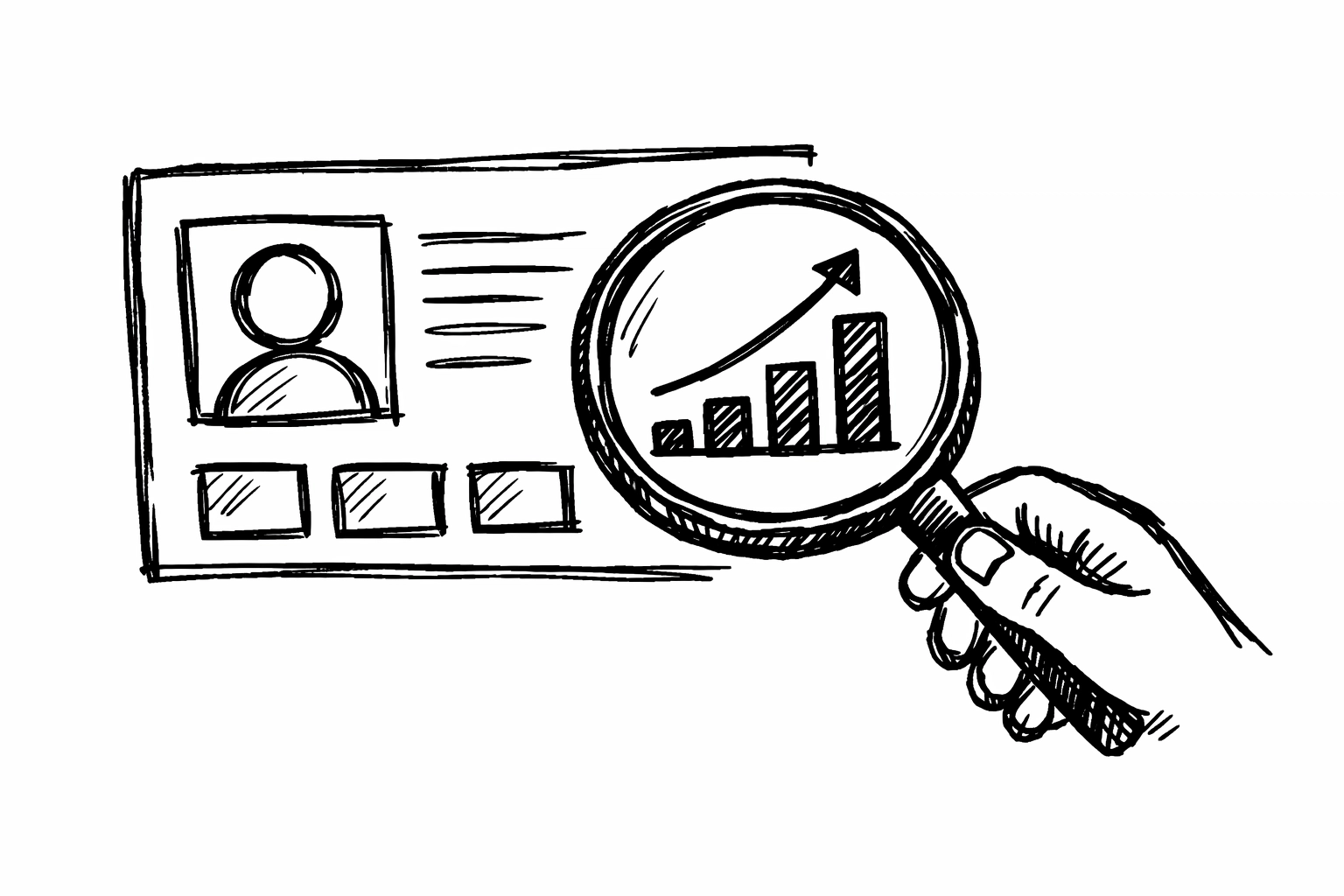 Hand drawn napkin sketch of a magnifying glass over a creator profile