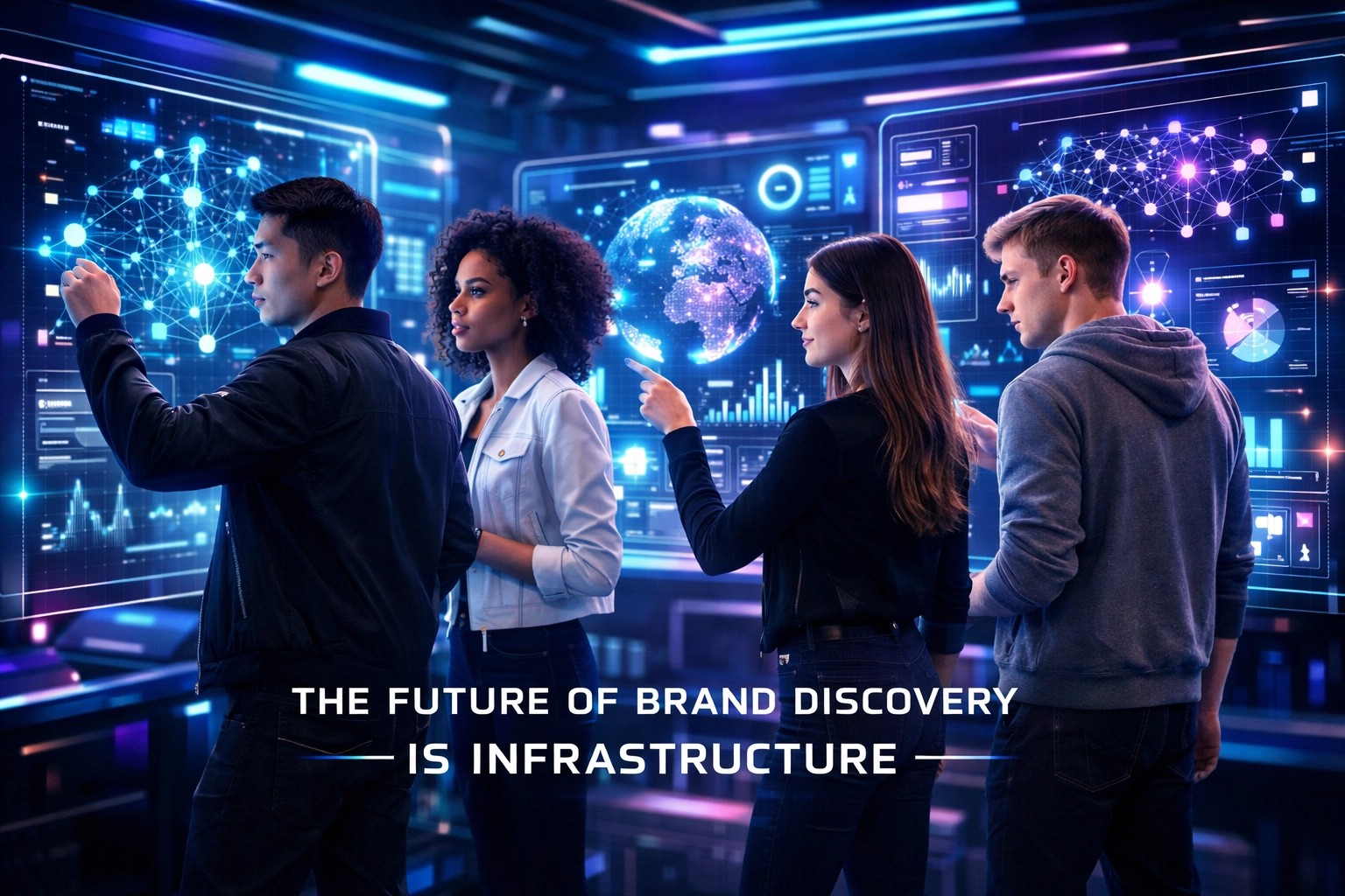 Young professionals analyzing AI infrastructure and data visualizations for Gen Z brand discovery in a futuristic lab.