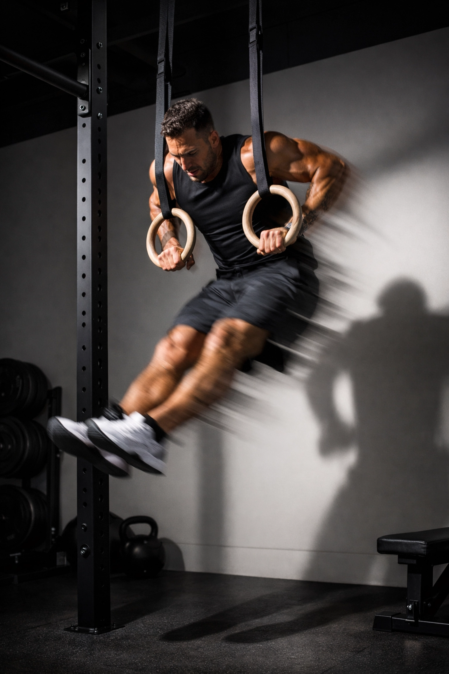 Athlete performing muscle-up on floor-to-ceiling calisthenics equipment