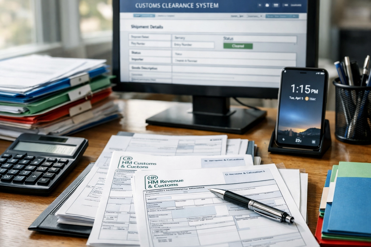 Customs clearance documents and HMRC forms on broker's desk with computer system