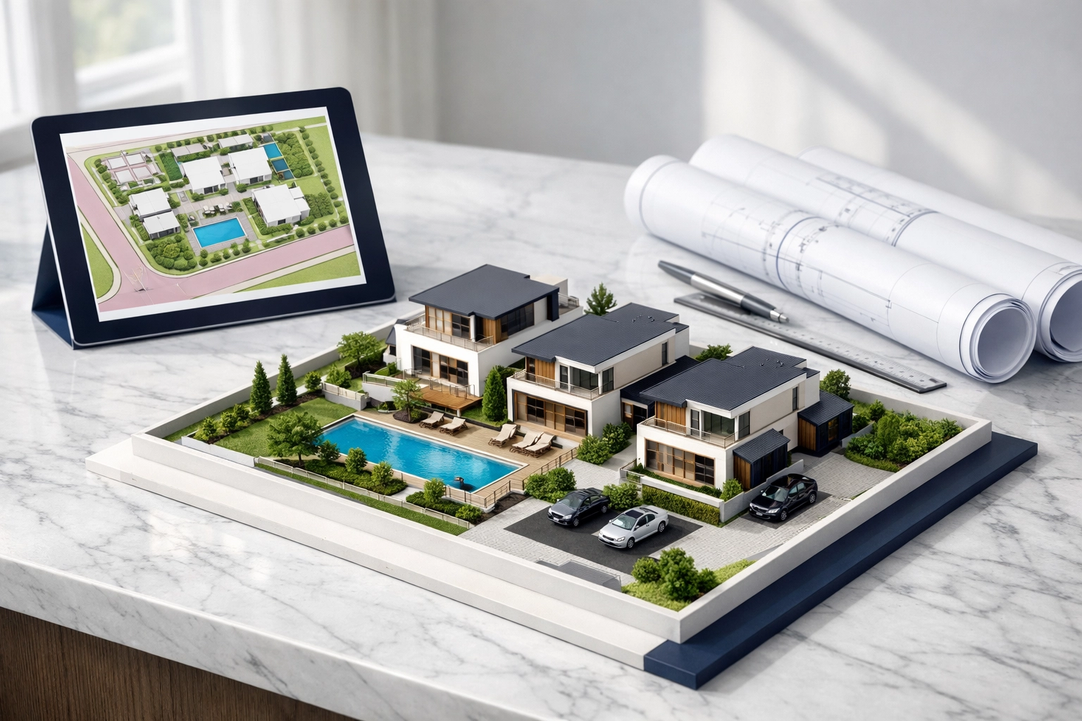 Architectural model and site plans for a multi-unit multiplex development awaiting municipal permit approval.