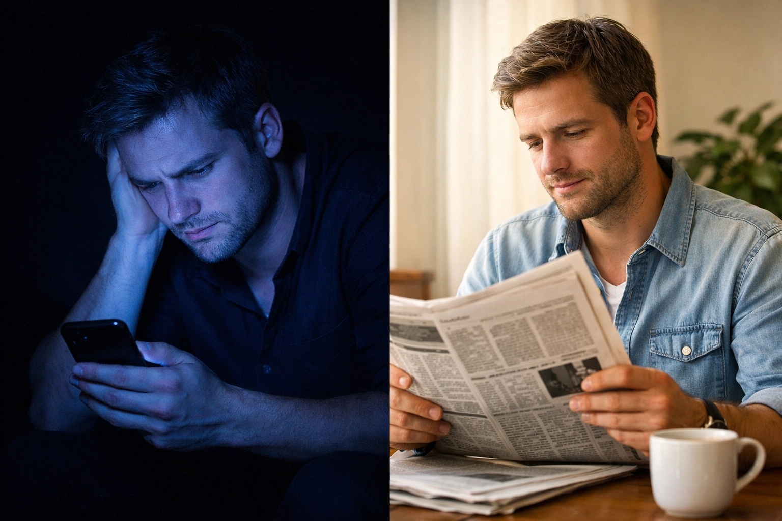 Contrast between stressed phone user and calm person reading news showing healthy information habits