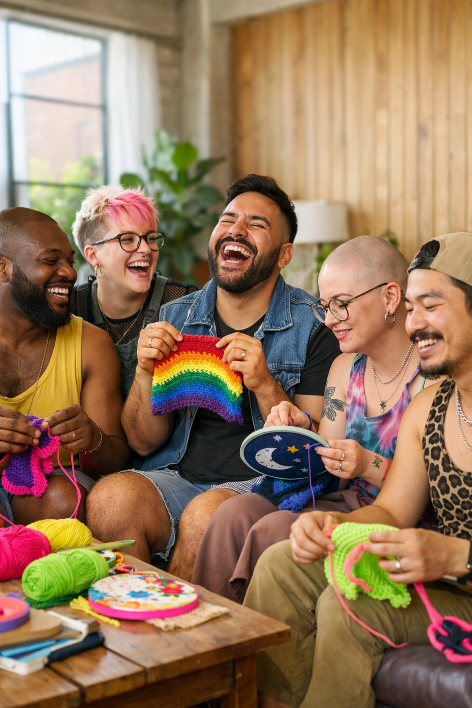 Diverse queer group knitting and crocheting together in a sun-drenched loft to build community.