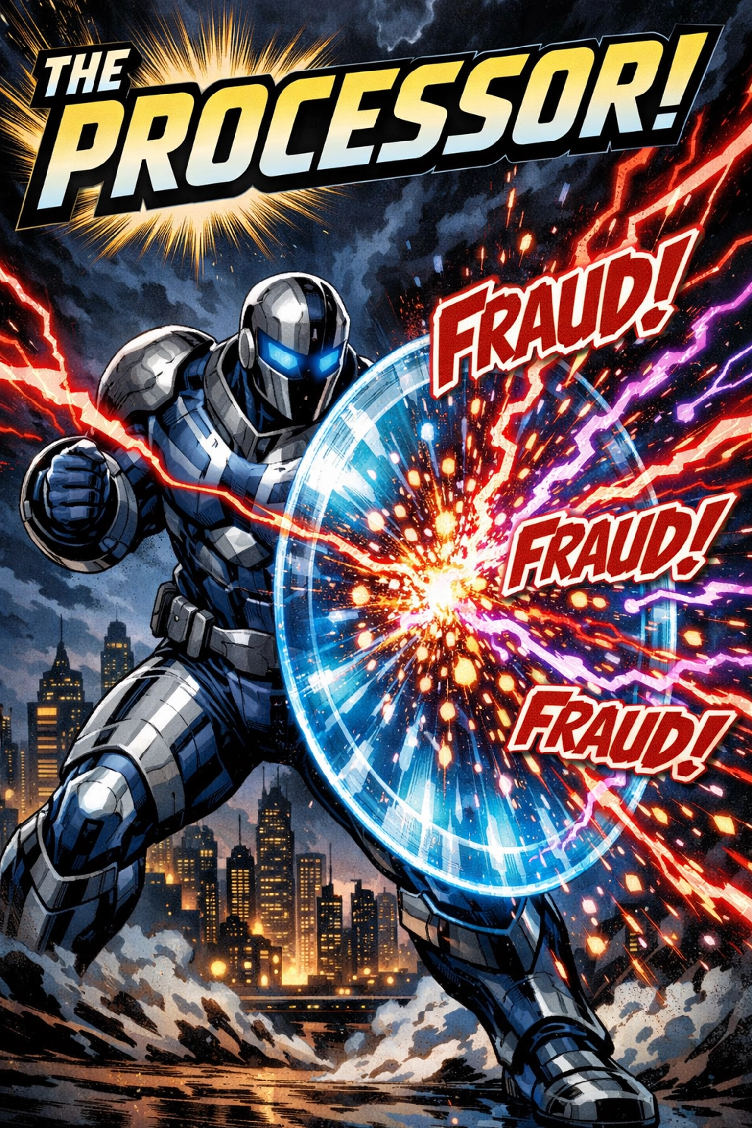 Superhero protecting a bank vault from fraud to ensure secure ACH payment processing.