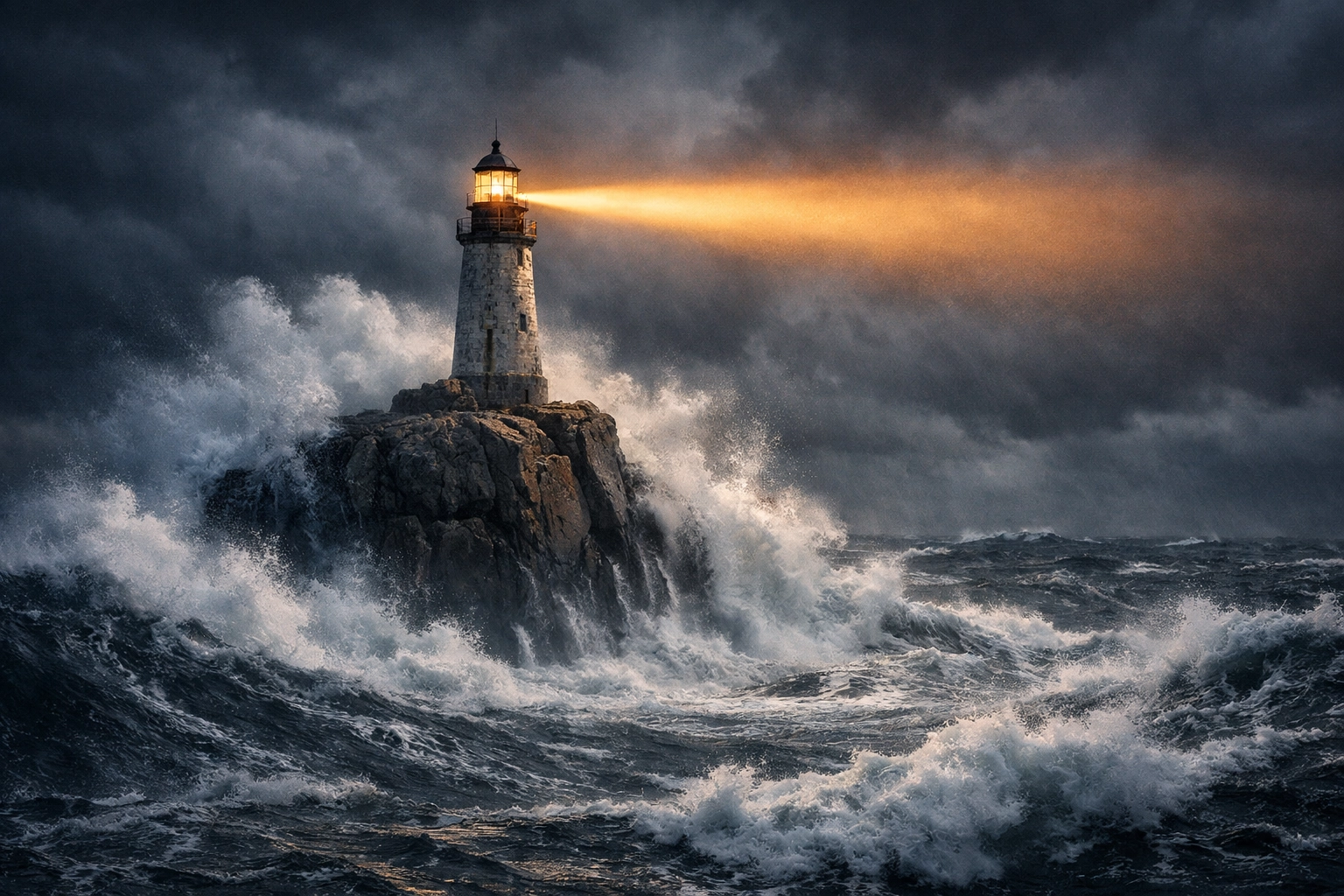 Lighthouse on a rock during a storm, symbolizing a spiritual foundation that cannot be shaken.
