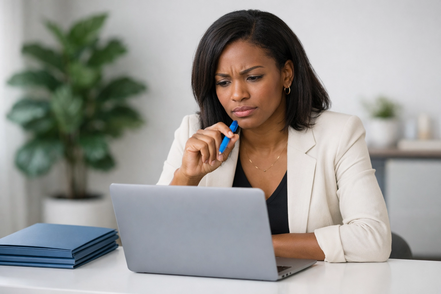 A woman founder reviews multi-state tax compliance requirements on a laptop in her home office.