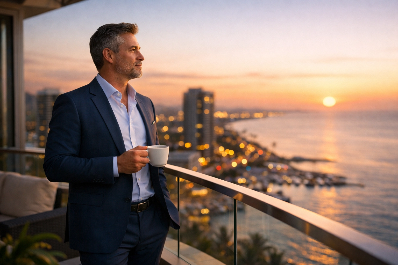 A CEO enjoying time freedom at sunset, illustrating the lifestyle benefits of effective business automation.
