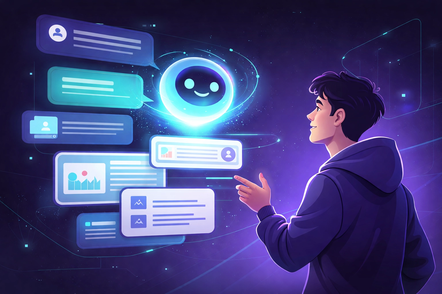 Person interacting with a futuristic AI assistant, representing the rise of answer engine optimisation and conversational search.