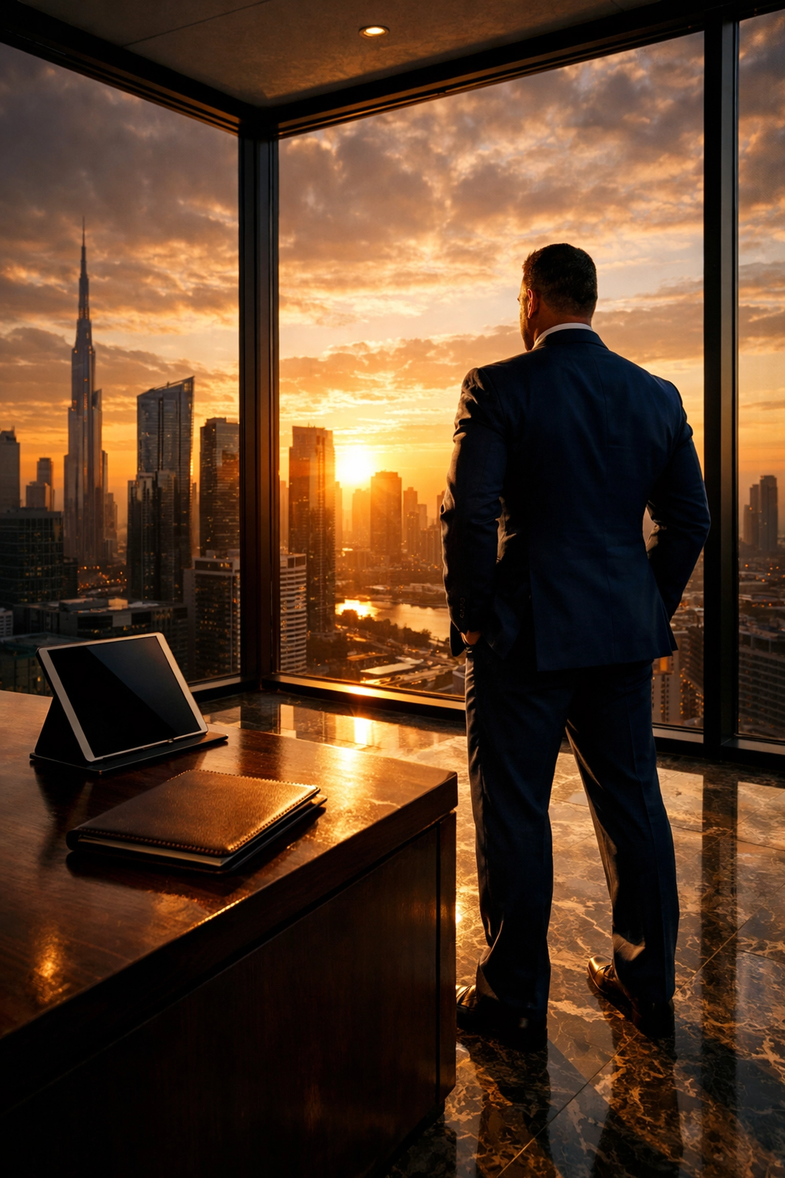 Professional athlete in a suit looking at a city skyline, illustrating a long-term personal brand vision.