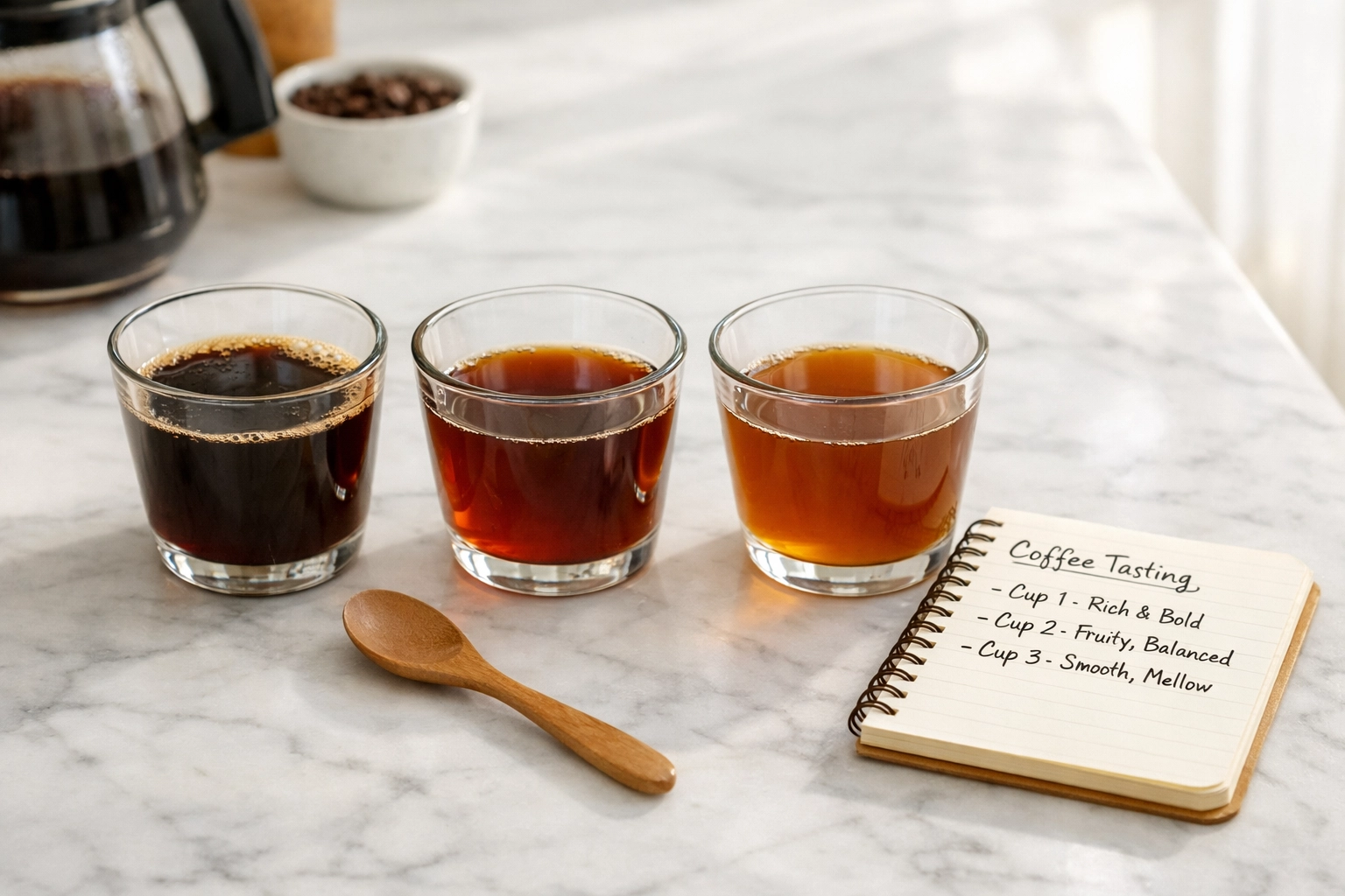 Home coffee tasting setup with three cups for comparing single-origin coffees