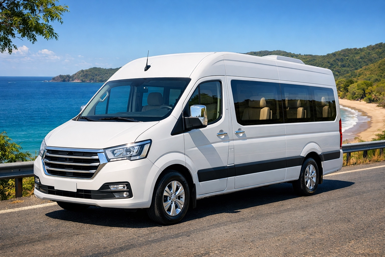 Modern private transfer Liberia airport van on a scenic coastal road in Guanacaste.