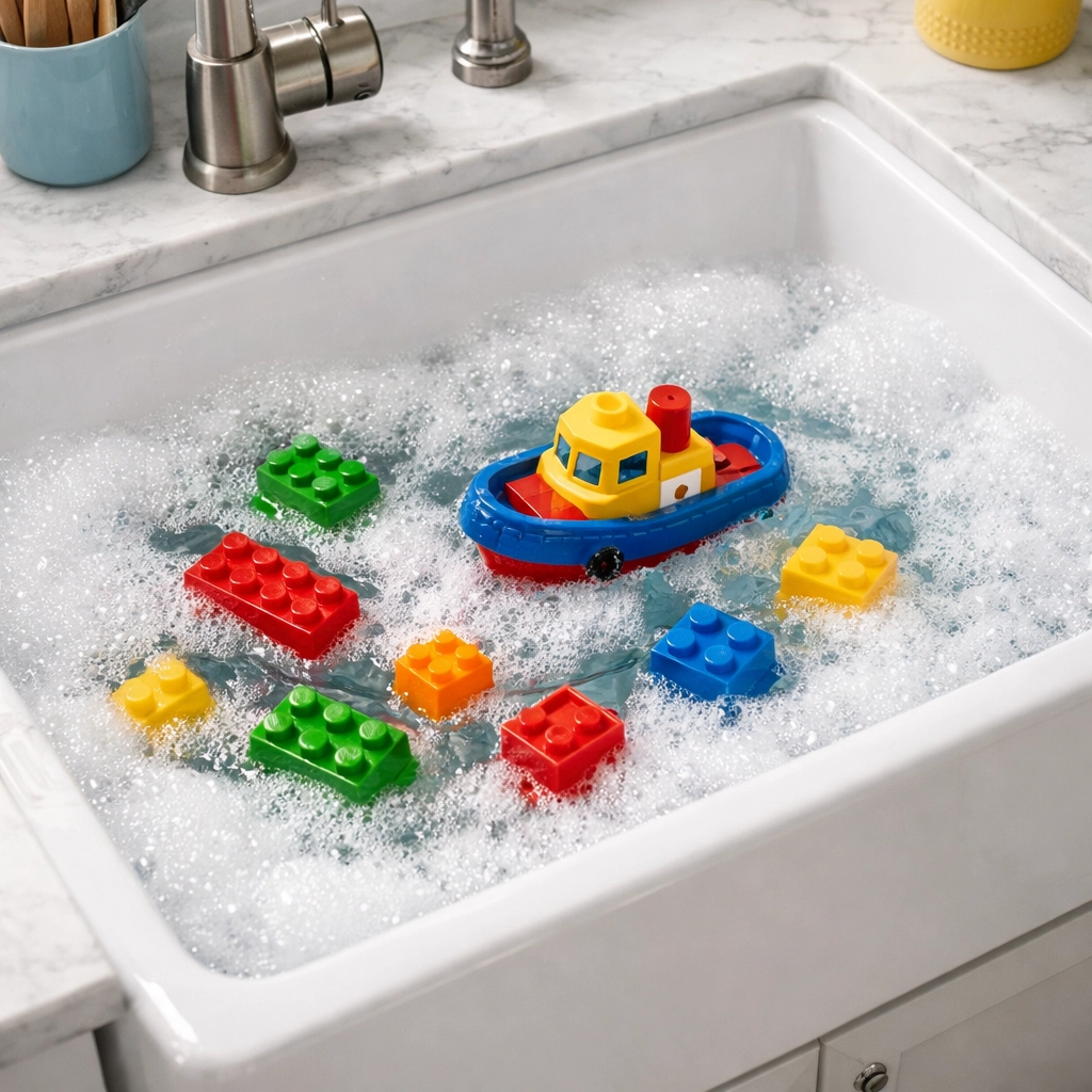 Sanitizing plastic building blocks and a toy boat in a sink for germ-free play.