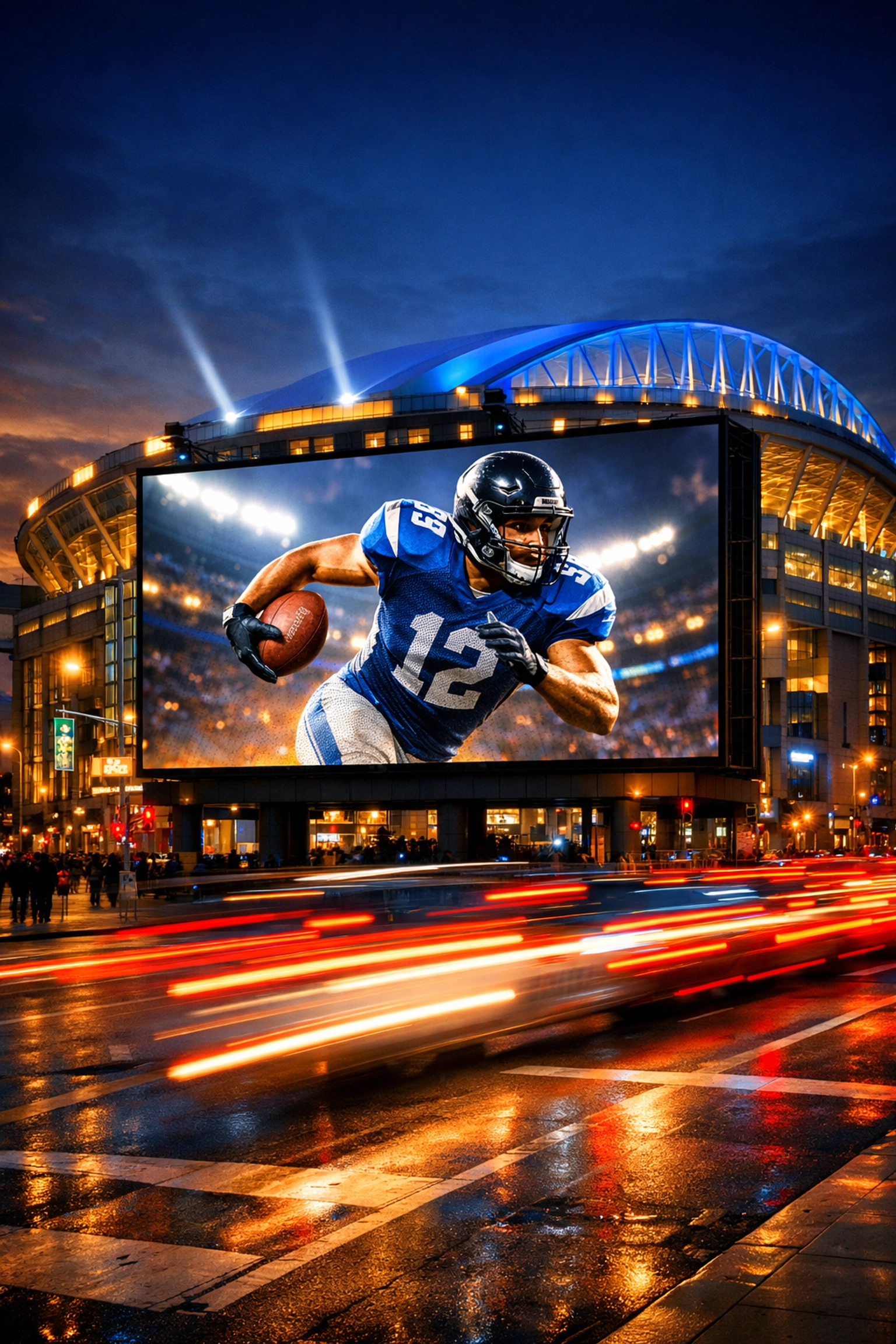 A digital billboard displaying sports advertising outside a large stadium at a busy intersection.