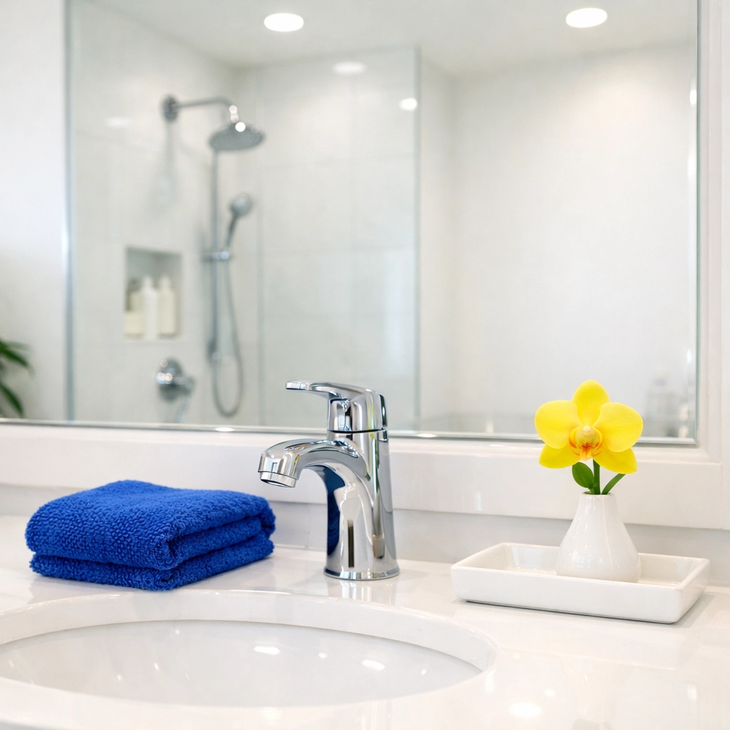 Sparkling clean bathroom vanity and mirror, demonstrating high-end home maintenance and care.