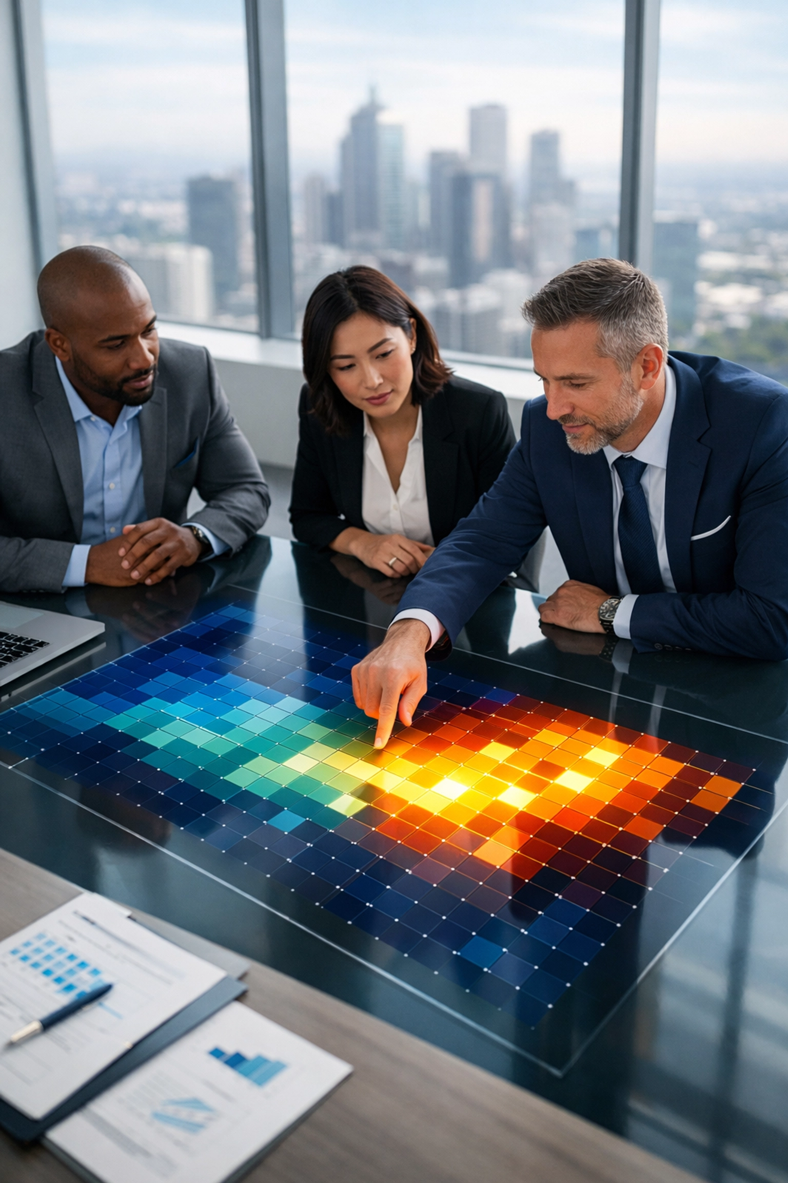 Strategic consultants analyze a Value Creation Heatmap to identify EBITDA growth drivers for PE exit readiness.