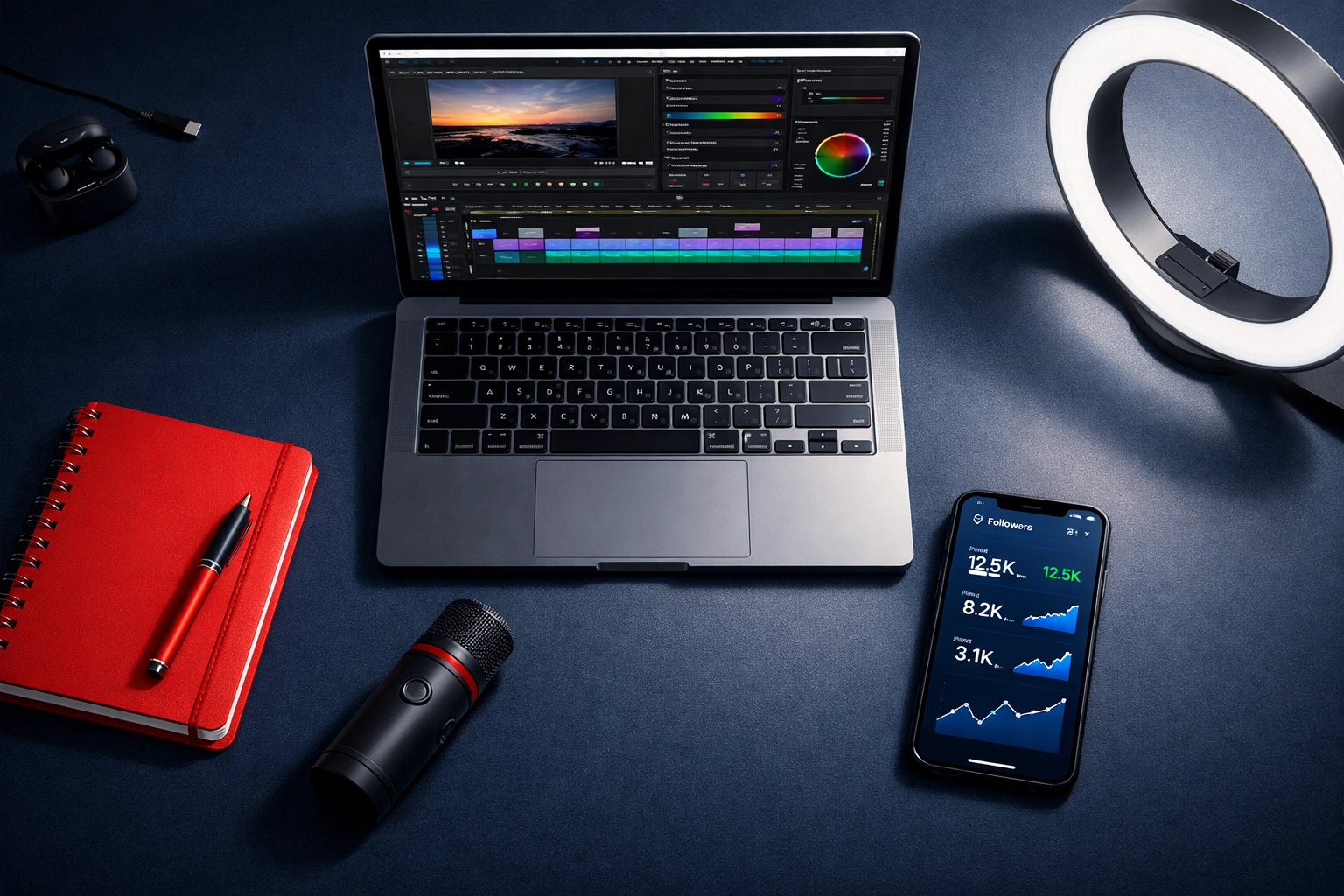 Faceless video marketing workspace with laptop, analytics dashboard, and content creation equipment