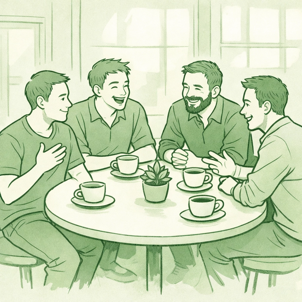 Four LGBTQ+ men at first support group meeting in local coffee shop