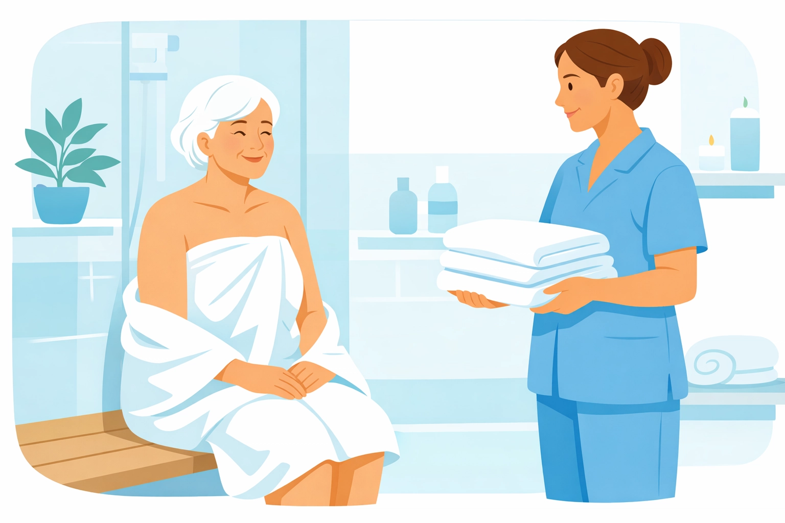 Caregiver providing dignified bathing assistance to senior woman at home in Austin