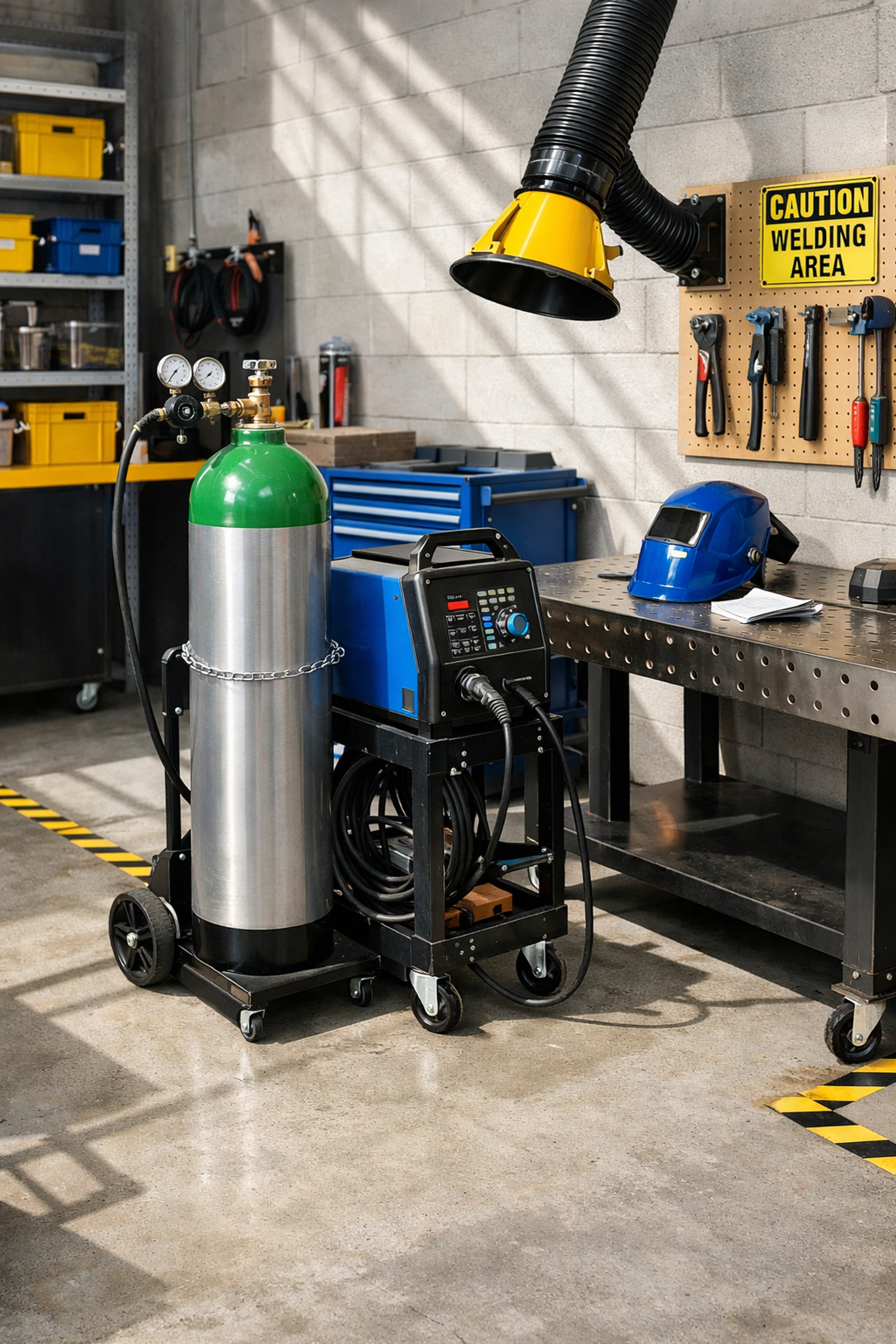 Well-organized welding workshop with MIG gas cylinder properly positioned at welding station