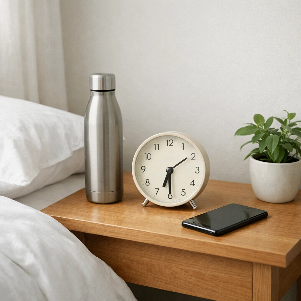 Peaceful bedside setup with water bottle, alarm clock, and phone for healthy morning routine
