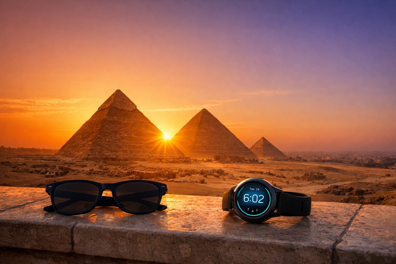 Smartwatch showing Cairo time with the Great Pyramids of Giza at sunrise.