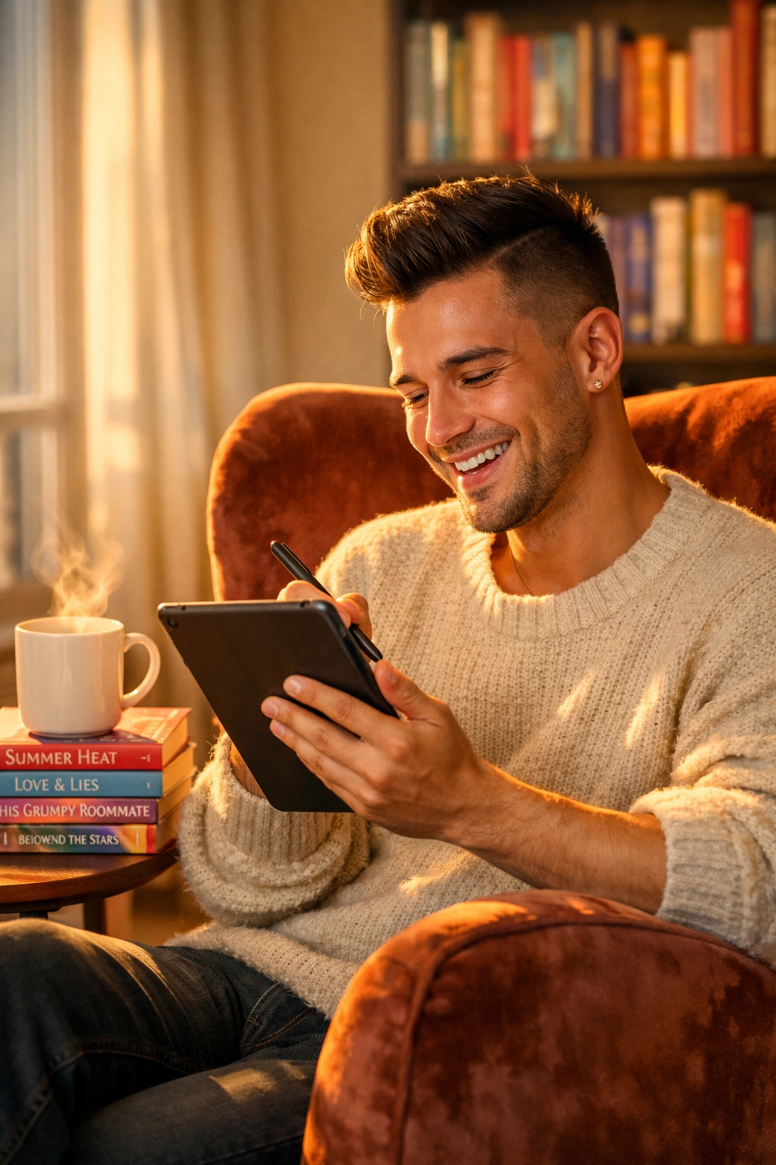A young man reviewing a steamy MM romance book on his tablet while sitting in a cozy armchair with a book stack nearby.