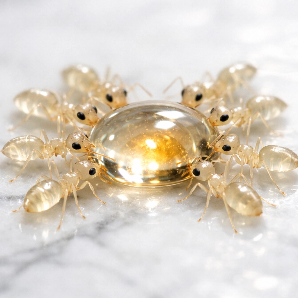 Ghost ants gathering around professional ant bait gel for effective sugar ant control in Naples.