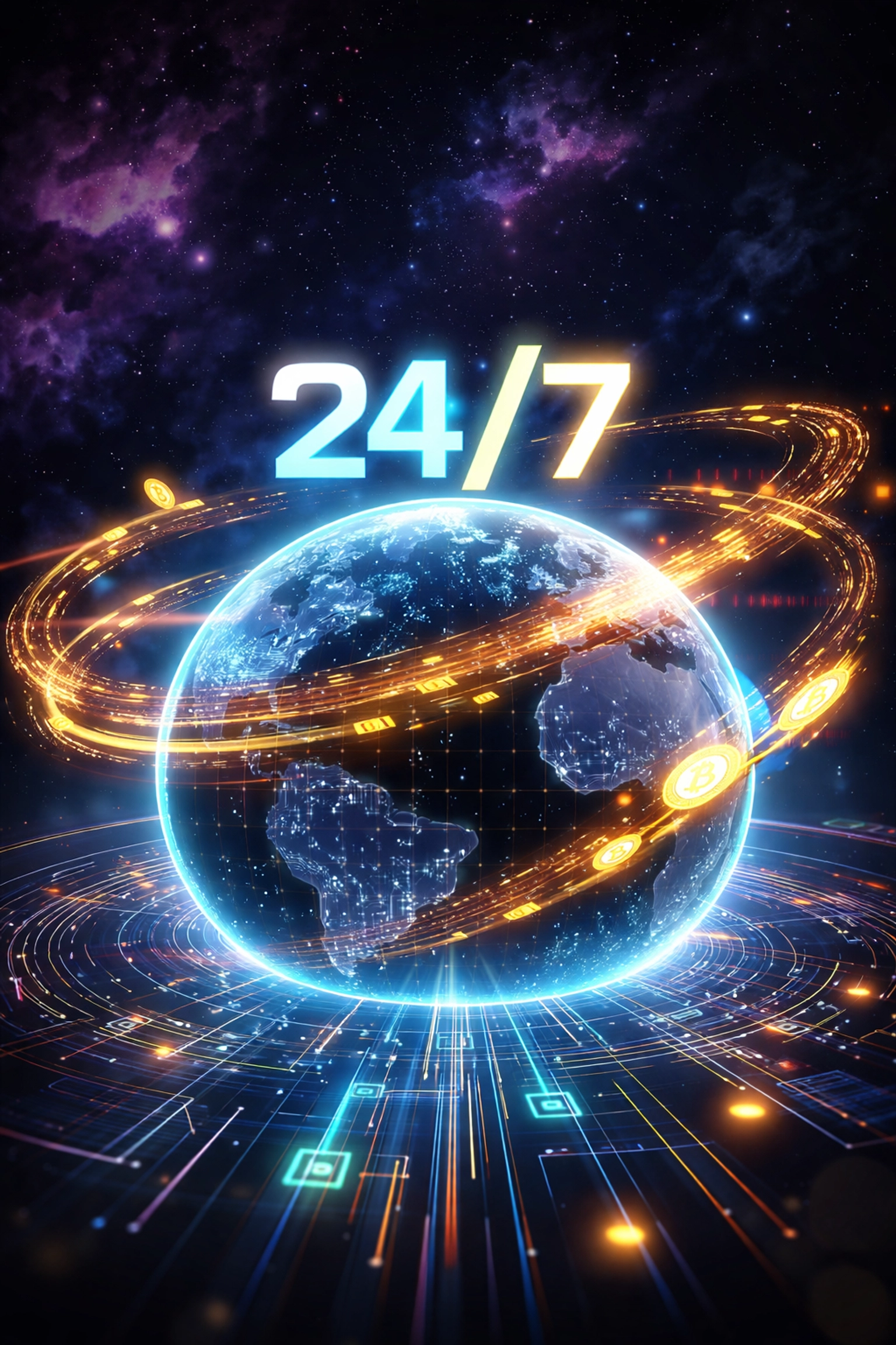 Glowing digital clock above a globe shows 24/7 blockchain settlements for Web3 global payments