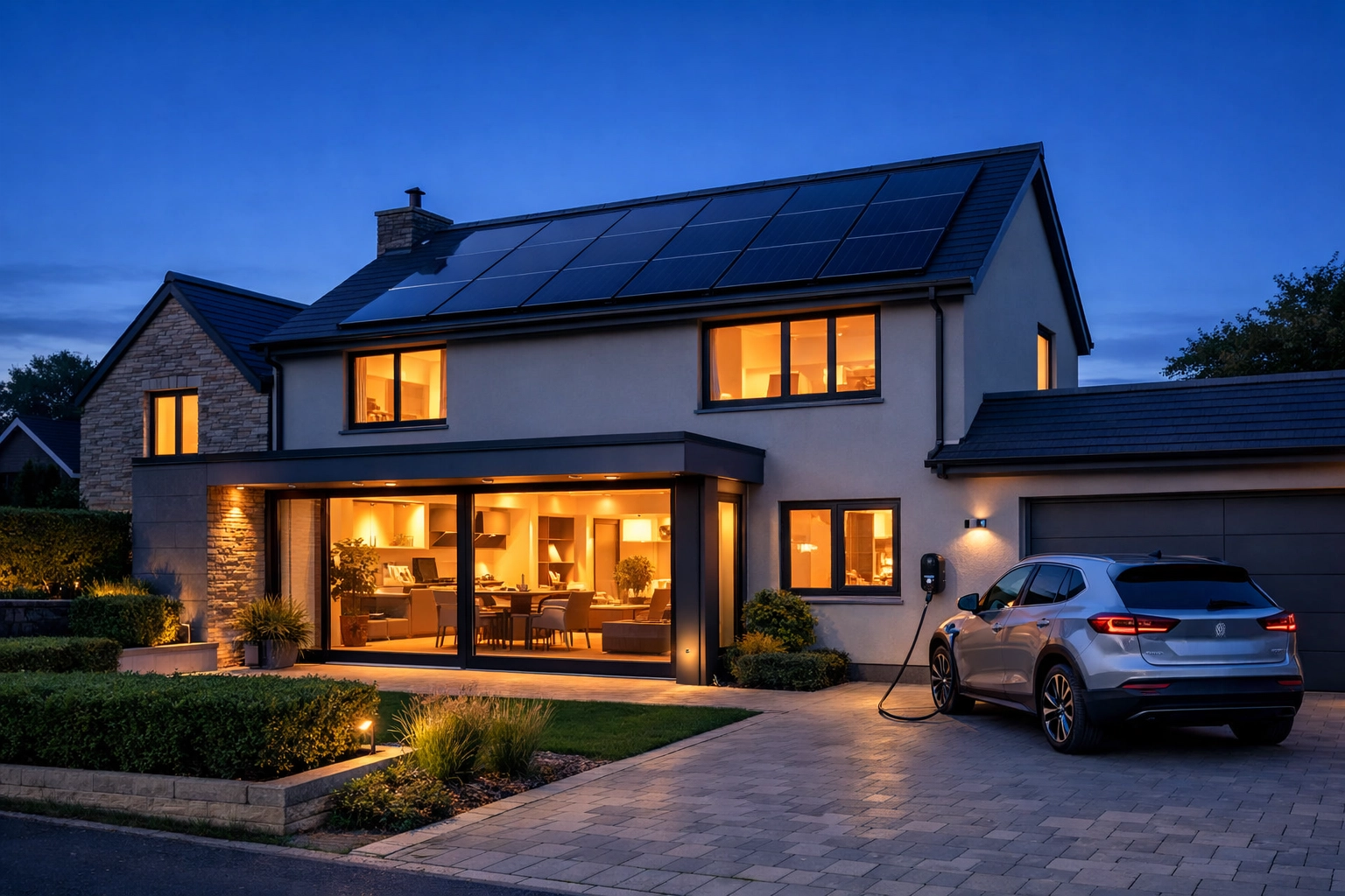 Modern UK home at twilight featuring solar panels and electric vehicle charging for energy independence.