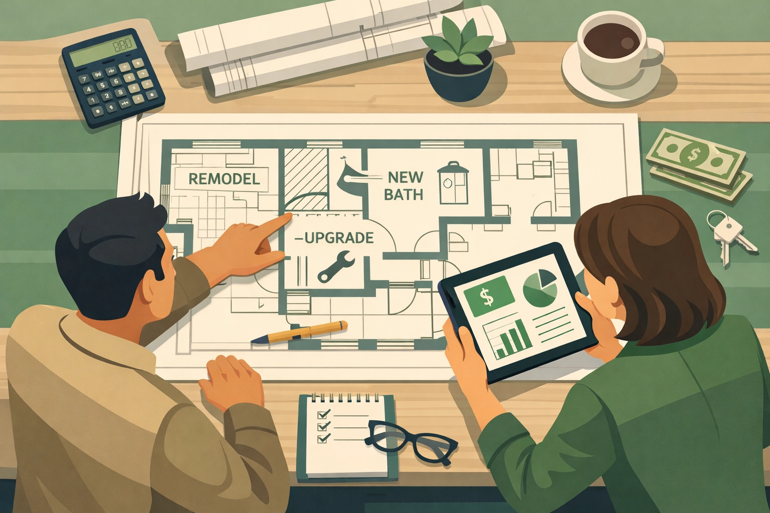 Real estate investors reviewing property blueprints and renovation plans together