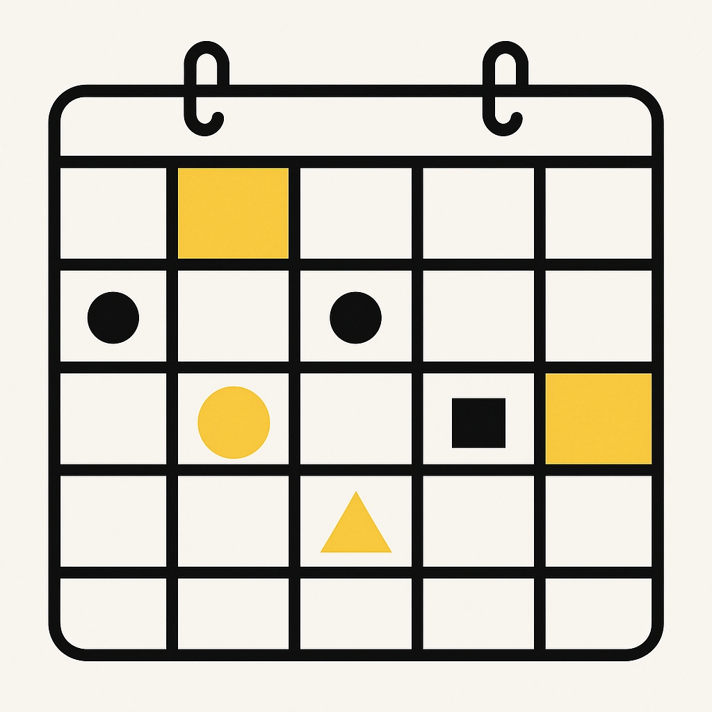 Calendar icon with a grid layout. Yellow shapes—circle, square, and triangle—are interspersed with black dots. Simple, modern design.