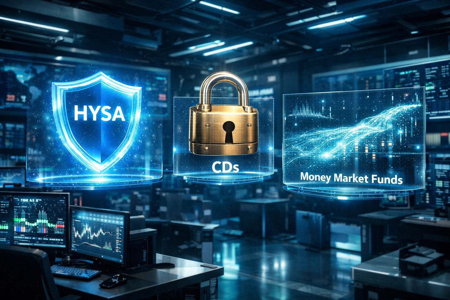 Digital dashboard comparing secure high-yield savings accounts, CDs, and money market funds for 2026.