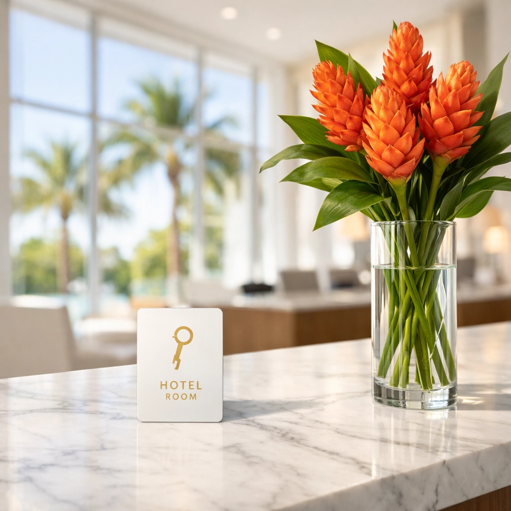 Modern luxury hotel reception desk with a key card and tropical flowers in a sunlit lobby.