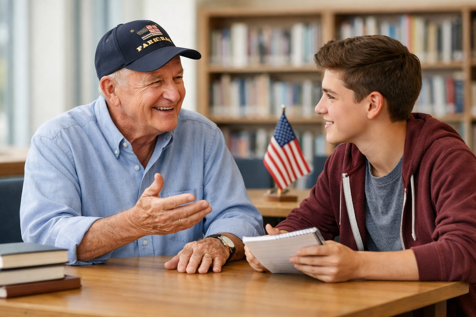 A veteran sharing stories with a student in a library, highlighting the importance of passing down patriotic traditions.