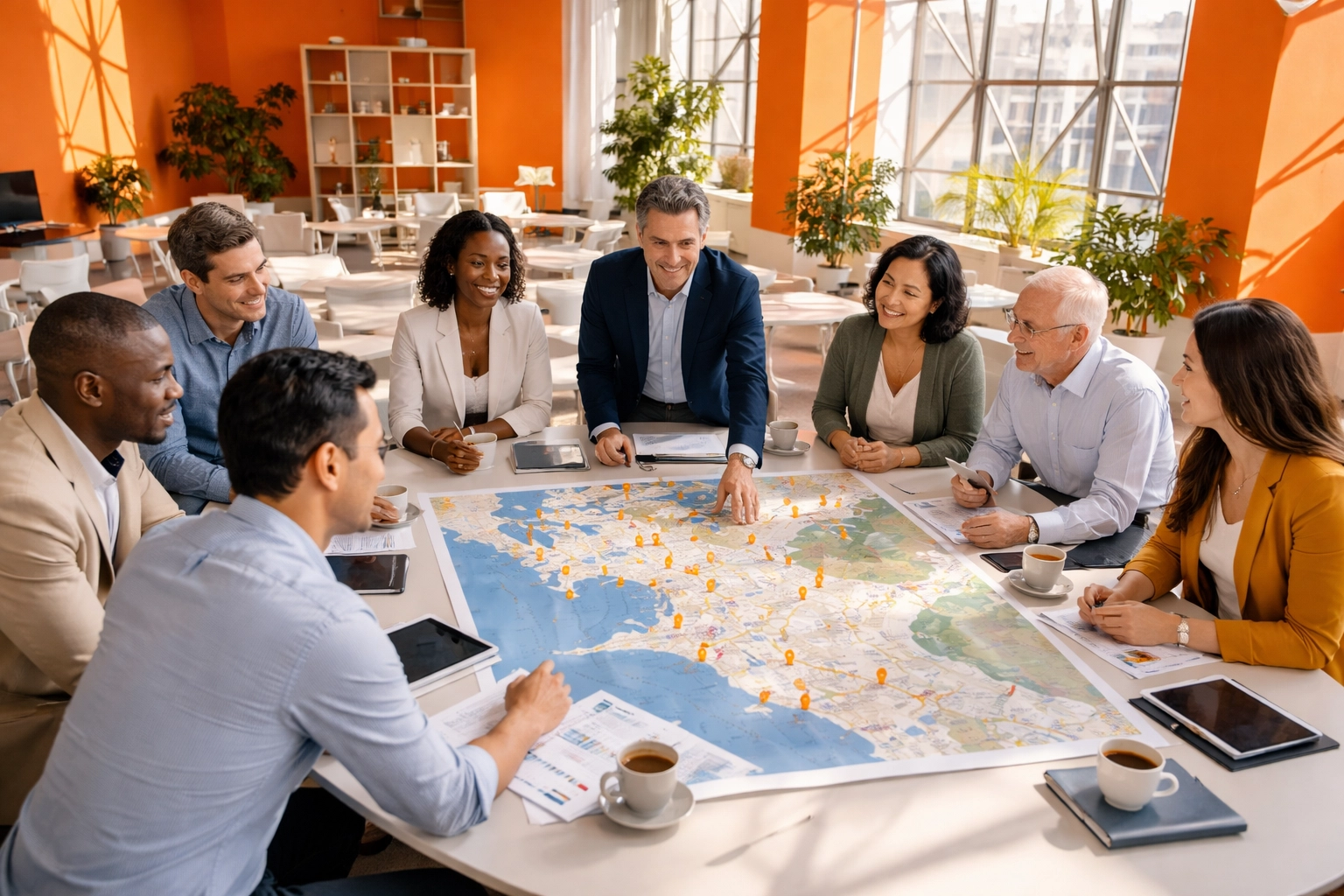Bay Area business leaders and community members collaborate on local impact projects in a modern San Francisco workspace