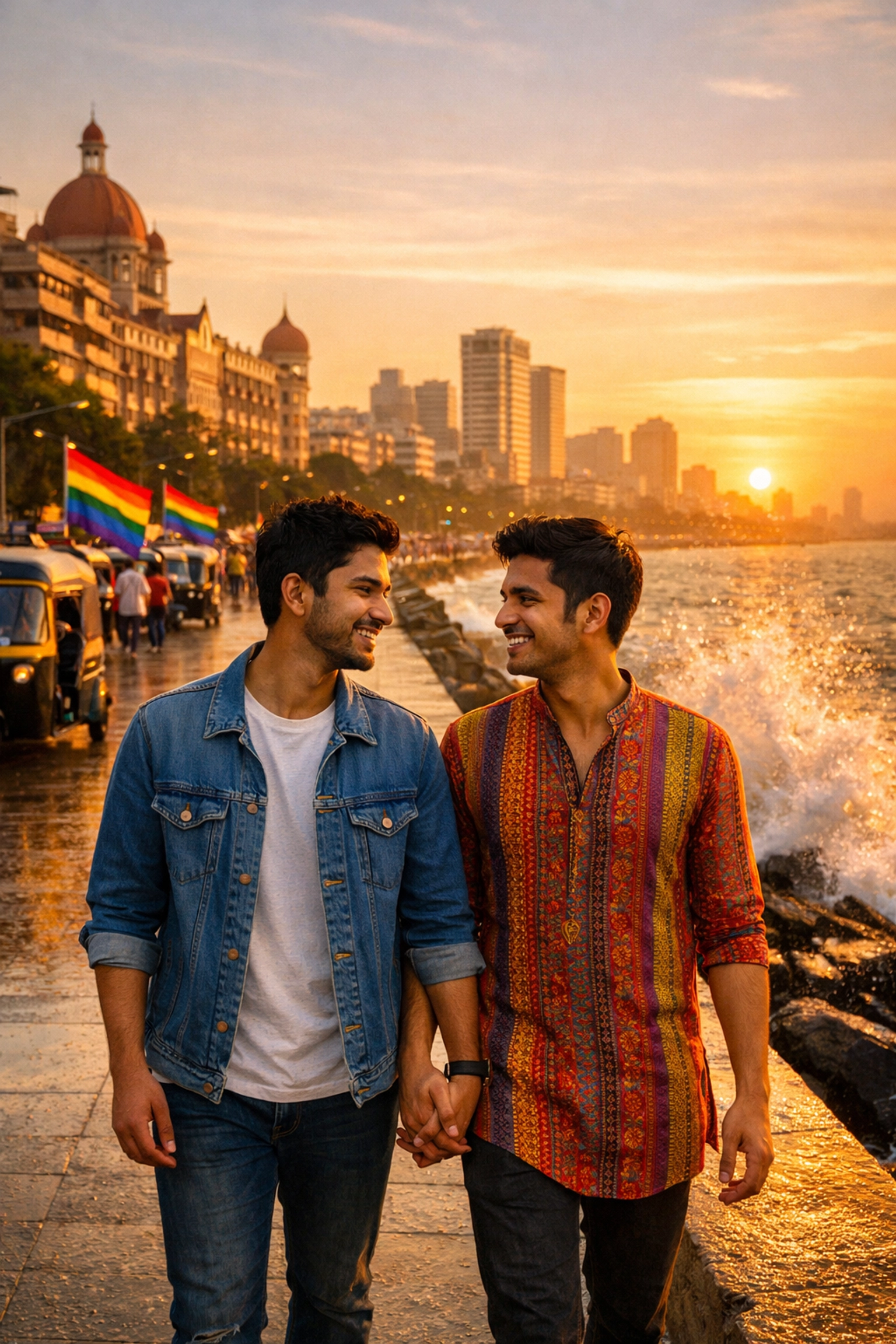 Gay couple holding hands at Mumbai's Marine Drive with rainbow pride flags at sunset