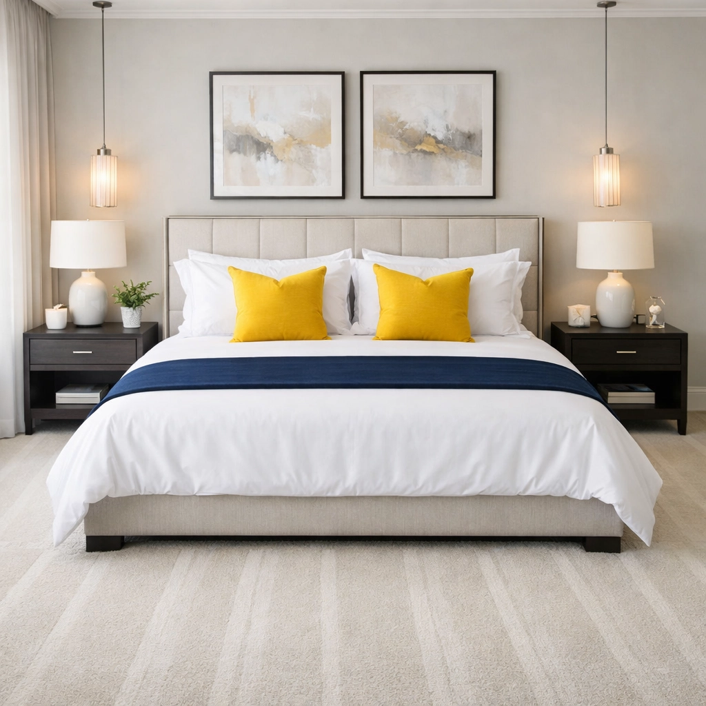 Professional cleaners Leominster MA provide deep cleaning for a serene master bedroom with fresh linens.