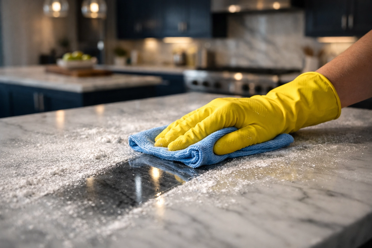 Professional post-construction cleaning in Hudson removing fine drywall dust from high-end marble kitchen countertops.
