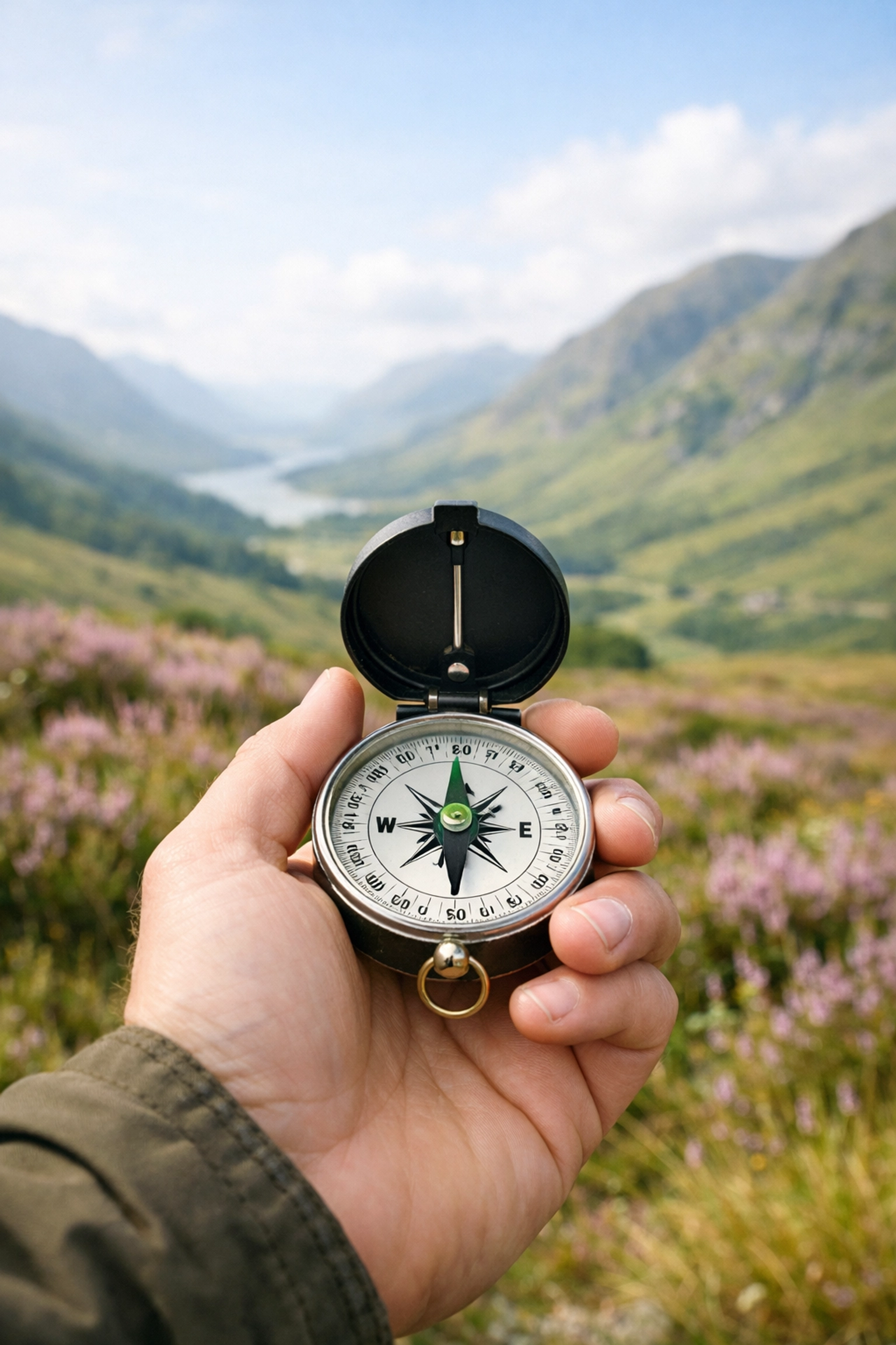Hiker holding a compass level for accurate navigation during a wild camping trip in the UK.