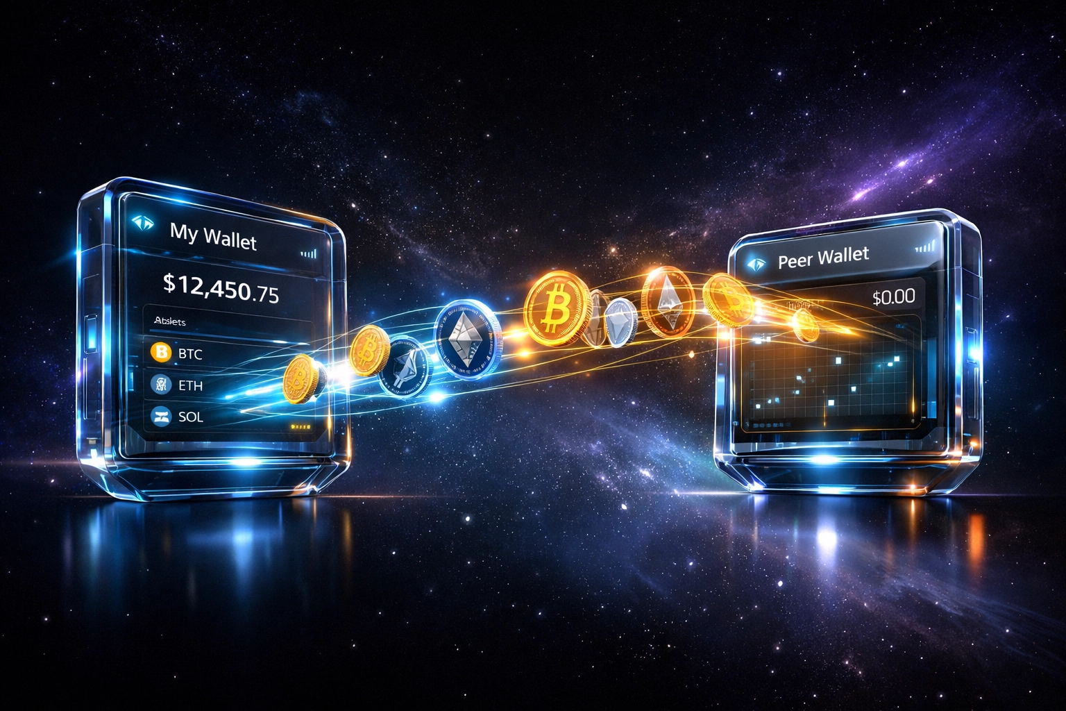 Self-custody crypto wallet showing peer-to-peer payment transfer without intermediary fees