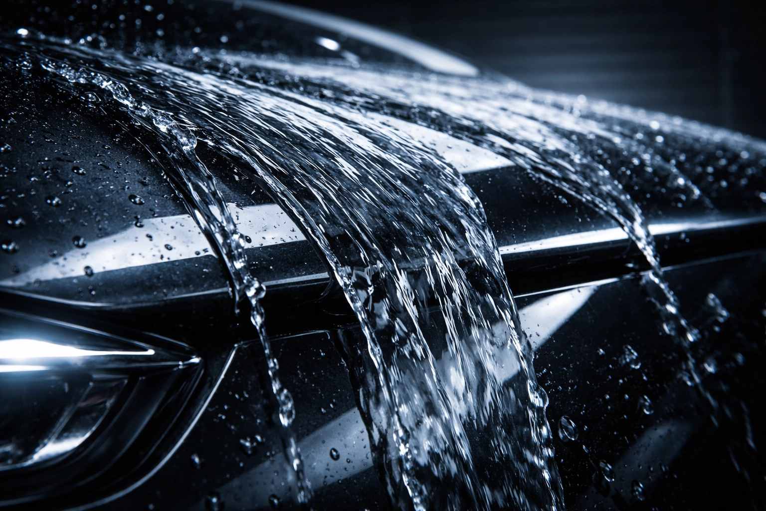 Macro view of water sheeting off a ceramic-coated black car surface, demonstrating hydrophobic paint protection.