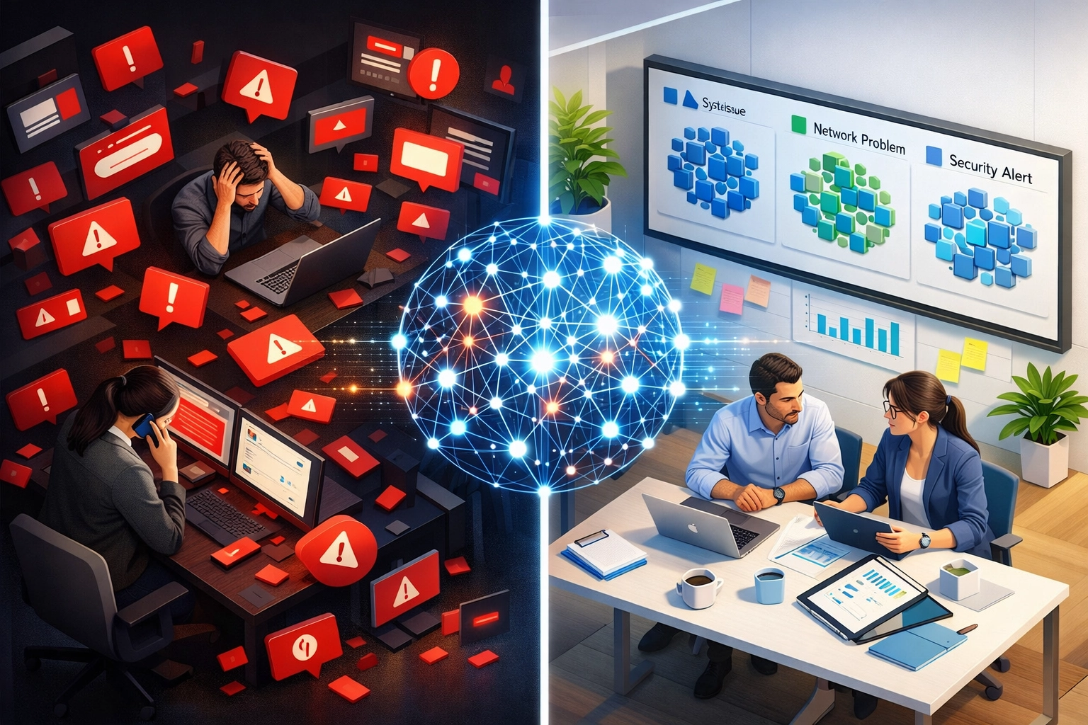 Agentic AI transforming chaotic IT alerts into organized, correlated incidents for faster resolution