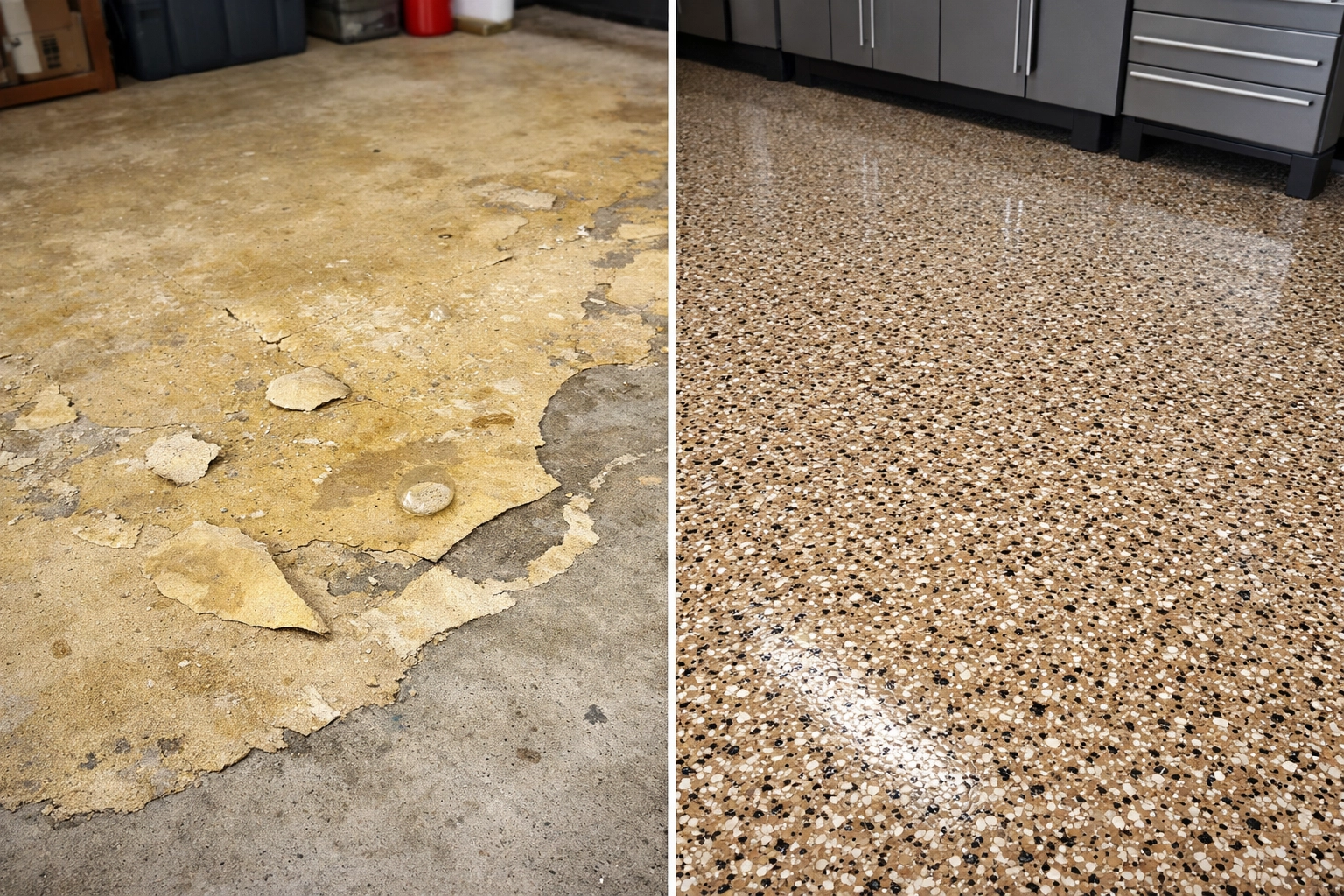 DIY epoxy floor peeling compared to professional polyaspartic garage floor coating