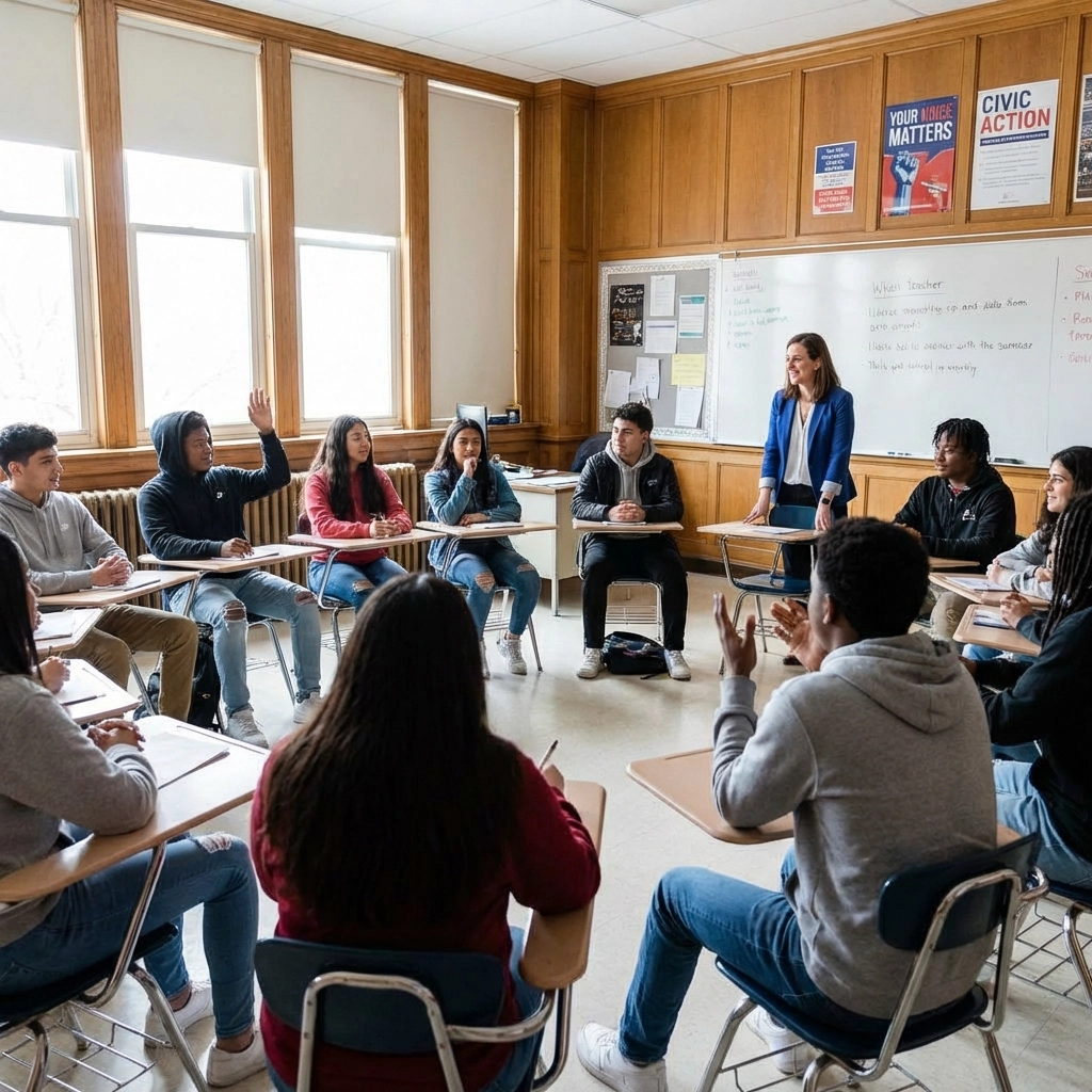 High school students and teacher participating in an inclusive classroom discussion about justice.