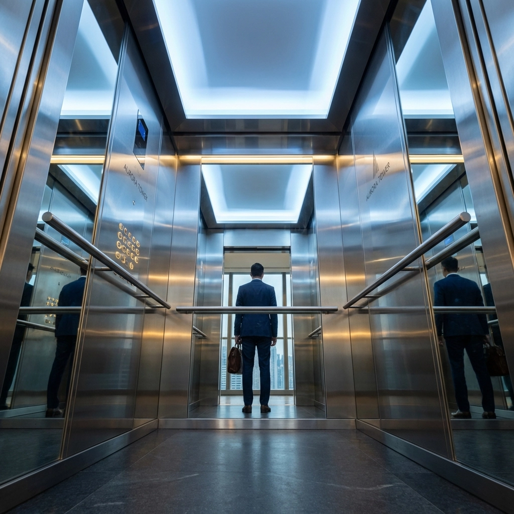 Clean modern elevator interior with polished stainless steel panels, reflecting professional metal fixture maintenance